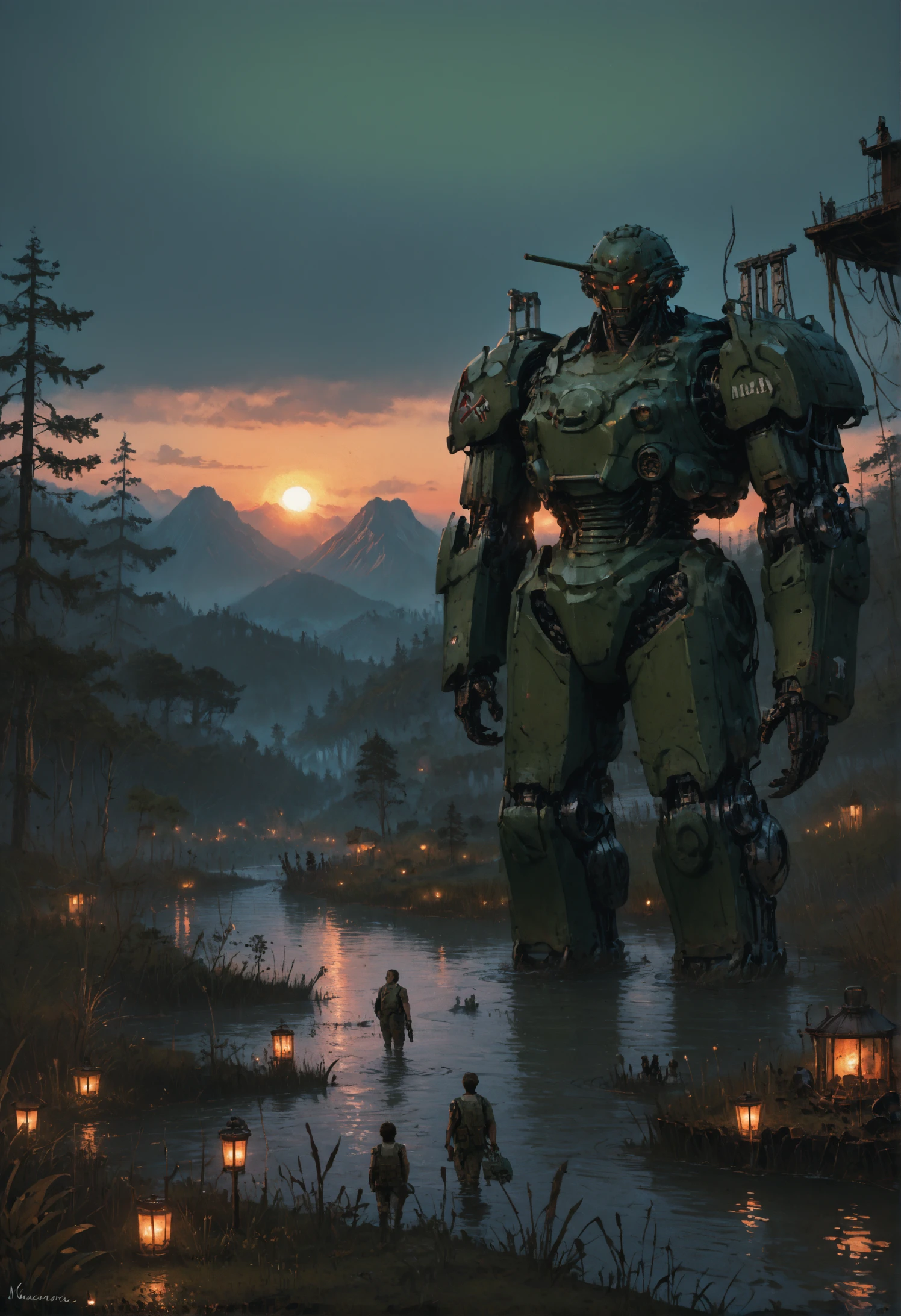 score_9, score_8_up, score_7_up,  <lora:MechaForge-000003:1> m3chaf0rge, giant, giant mech, mecha, bipedal mech, science fiction, sunset, tank, military mech, full body, legs, swamp, wetland, people,