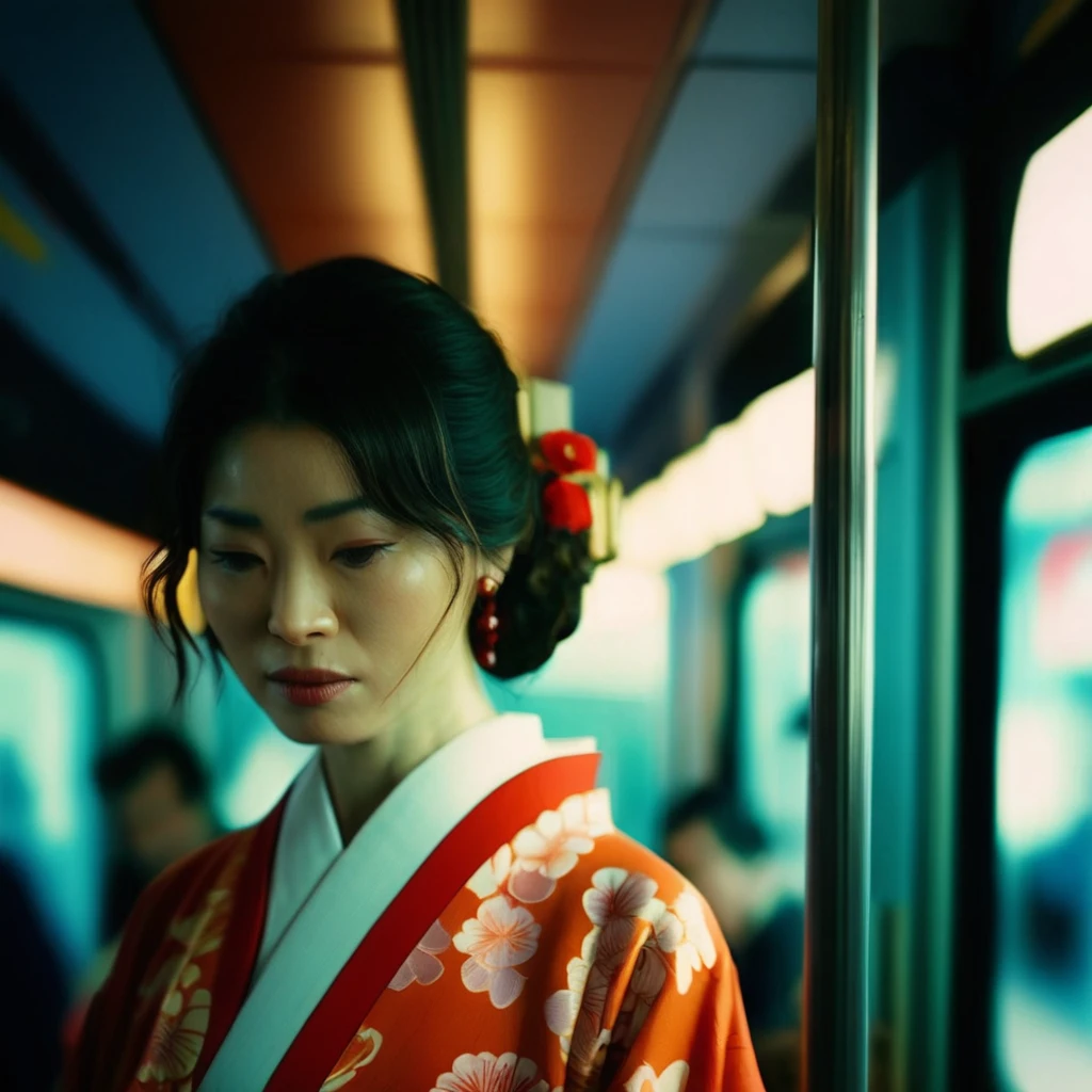 cinematic film still of Kodak Motion Picture Film: (Sharp Detailed Image) An Oscar winning for Best Cinematography a woman in a kimono standing on a subway train in Japan Kodak Motion Picture Film Style, shallow depth of field, vignette, highly detailed, high budget, bokeh, cinemascope, moody, epic, gorgeous, film grain, grainy