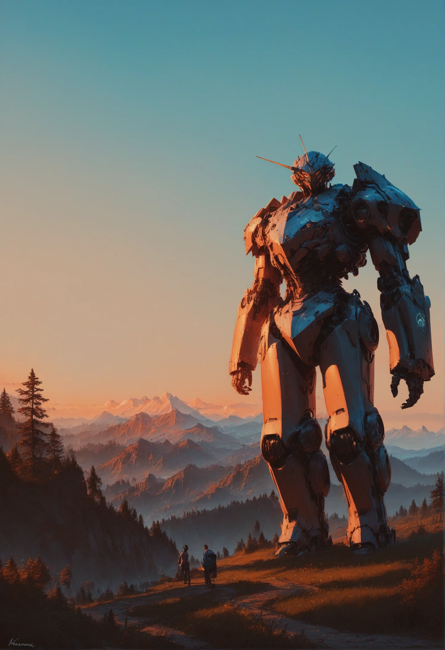 score_9, score_8_up, score_7_up,  <lora:MechaForge-000003:0.8> m3chaf0rge, mecha, bipedal mech, sunset, full body, legs, tree, landscape, scenery, people,