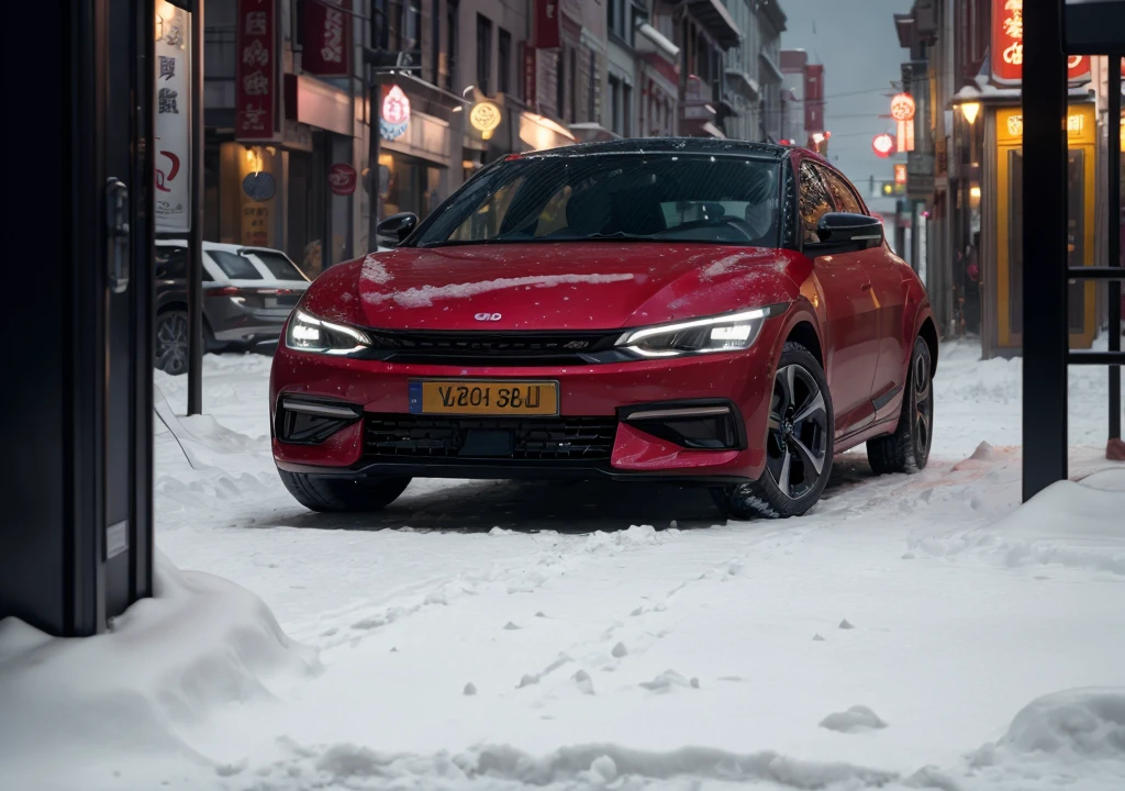 cinematic film still  <lora:KIA EV6 Dual Charged V4:0.6>  image of car in red color, front view, driving fast, motion blur, sharp grill, driving in city of china town covered in snow, natural lighting, 4k resolution, ray traced reflection
The image should be ultra-realistic, with high-resolution captured in natural light. The lighting should create soft shadows and showcase the vibrant colors of the car. The image should be a highly-detailed photography. . shallow depth of field, vignette, highly detailed, high budget Hollywood movie, bokeh, cinemascope, moody, epic, gorgeous, film grain, grainy, professional 3D vehicle render, realistic representation, intricate detailing, dynamic lighting, immersive presentation, seamless integration, photorealistic rendering, captivating visuals, realistic materials, high-quality rendering techniques, octane render, highly detailed, volumetric, dramatic lighting, 4k, Cinematic photography, movie mood, cinematic light, compelling composition, storytelling elements, conveys emotion, mood, and narrative depth, creating visually striking images that feel like still frames from a film