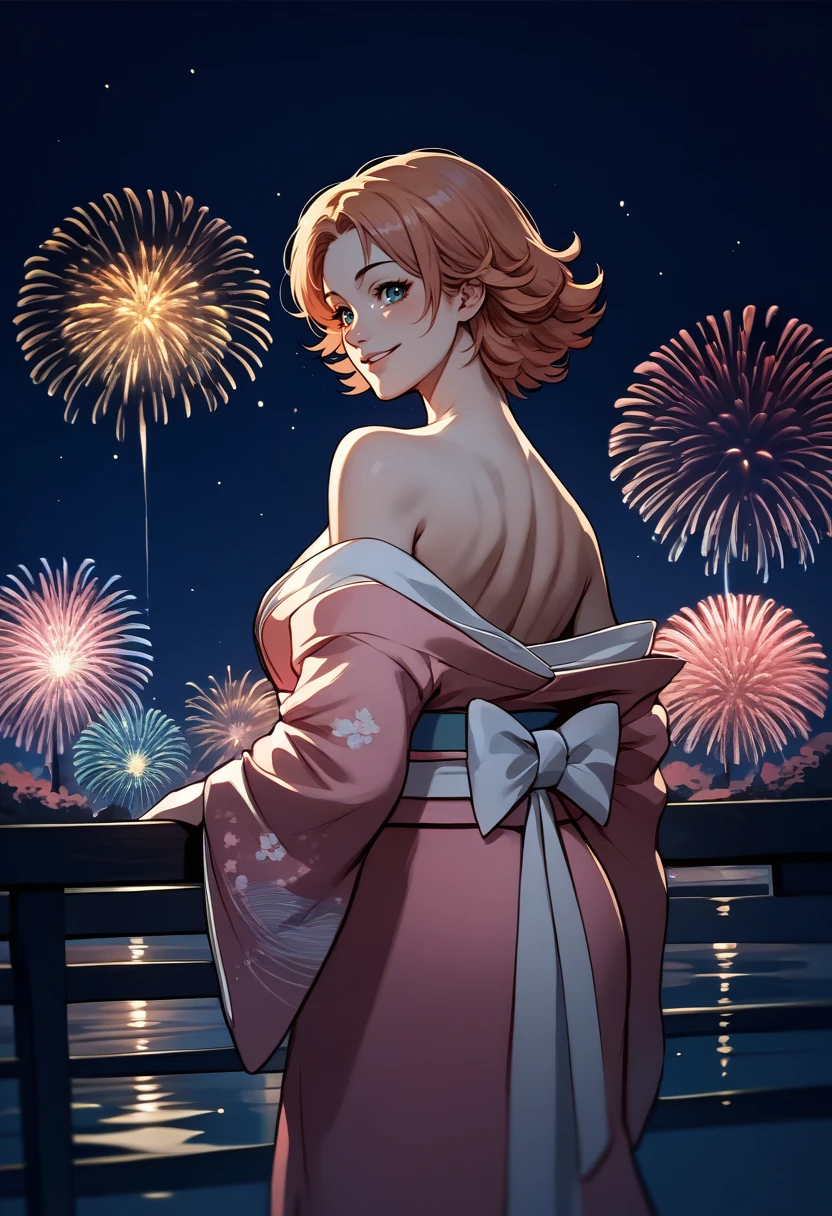 score_9, score_8_up, score_7_up, source_anime, solo, 1girl, n0rarnd, smile, looking back, japanese clothes, pink kimono, off shoulder, white sash, bare shoulders, fireworks <lora:rwby_noravalkyrie_ponyXL:1>