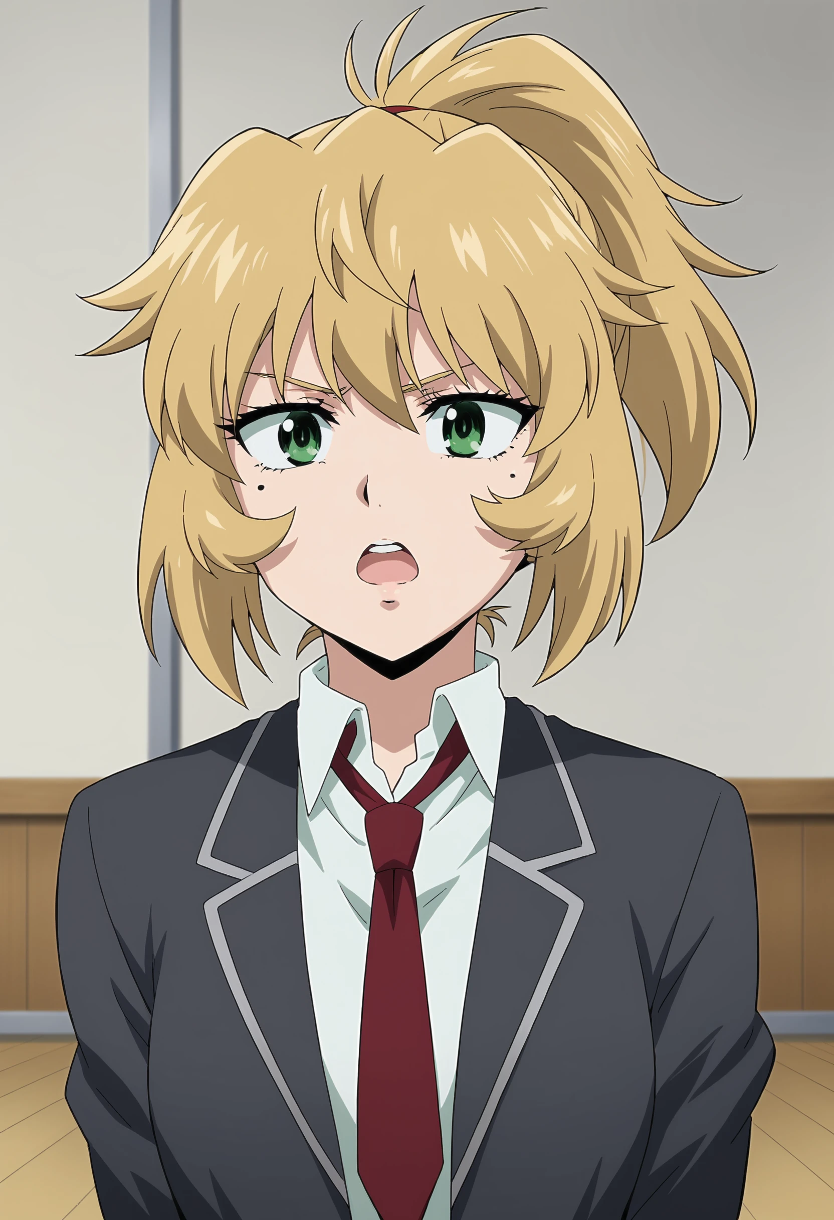 EBMayuko, 1girl, solo, short hair, open mouth, blonde hair, shirt, school uniform, green eyes, jacket, white shirt, upper body, ponytail, necktie, collared shirt, indoors, mole, black jacket, mole under eye, blazer, red necktie, anime coloring, 
 <lora:xl_more_art-full_v1:0.8>,  <lora:MayukoNise-05:0.9>