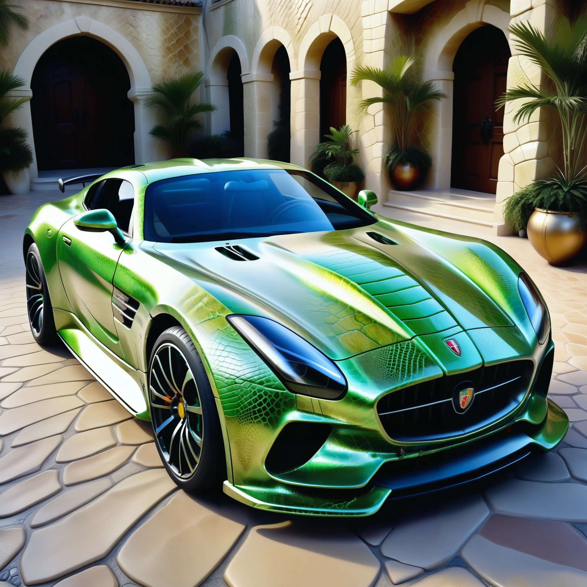 a sportscar made in green Jed-snkskn,   <lora:SnakeSkinStyle:0.8>