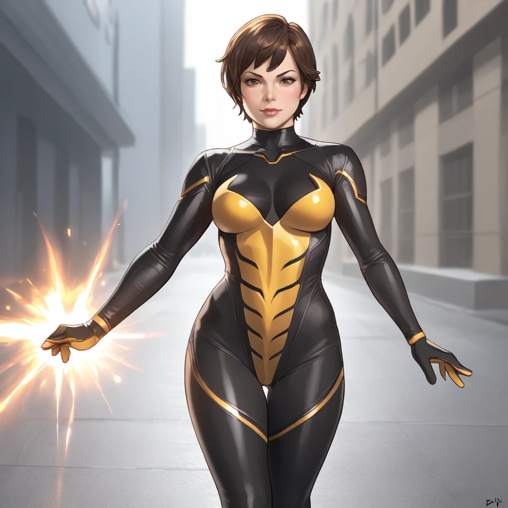 <lora:wasp_pony_v1:.9> waspjanet, 1girl, short hair, bodysuit, medium breasts, brown hair, brown eyes, lips, cowboy shot