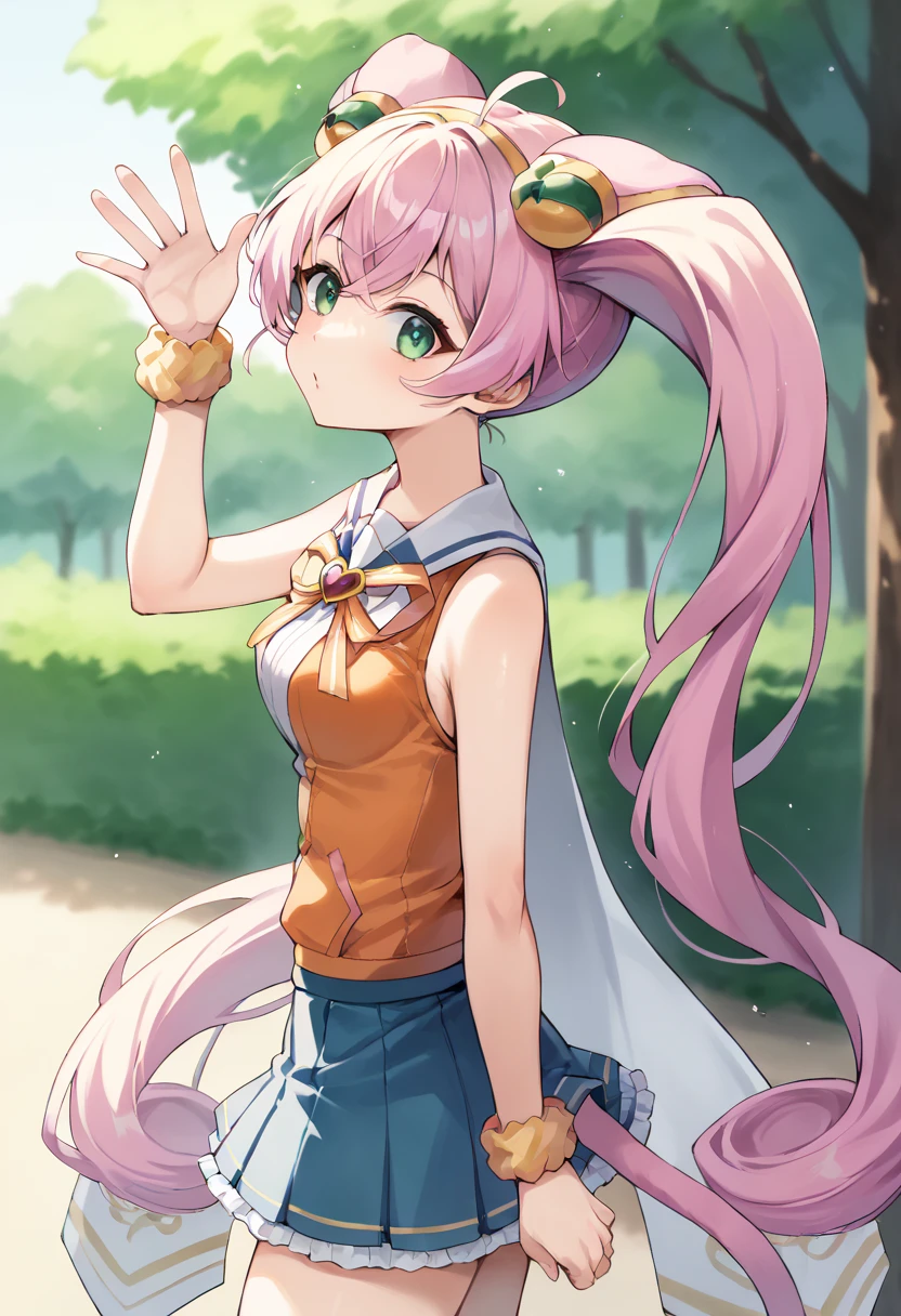 score_9,score_8_up,score_7_up,score_6_up,score_5_up,best quality,source_anime,1girl,solo,little_girl,rosia_(show_by_rock!!),orange hoodie,medium breasts,green eyes,pink hair,very long hair,twintails,pink animal ears,hairband,yellow hairband,pink tail,<lora:rosiaSB69:1>,jacklyn_clo,orange bow,sleeveless,wrist scrunchie,skirt,<lora:jacklynSB69:0.85>,cowboy_shot,looking_at_viewer,thinking,from_side,park,waving,