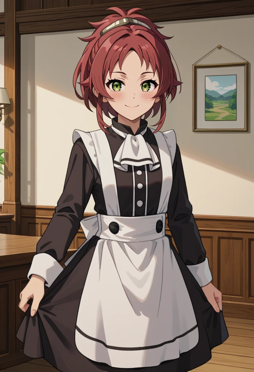 score_9,
<lora:MushokuTensei_AishaGreyratXL:0.8>, AishaGreyrat,
1girl, solo, smile, blush,
red hair, green eyes, ponytail, hair ornament,
maid, black dress, maid apron, ascot, long sleeves,
standing, looking at viewer,
indoors, wood