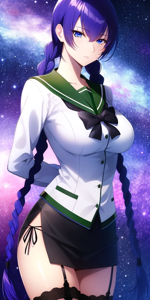 <lora:SaekoV1:0.7> busujima_saeko, large_breasts, standing, solo, arms_behind_back, starry_sky,  white_shirt_long_sleeves_green_sailor_collar_black_bowtie_black_miniskirt_side_slit_garter_straps_black_thighhighs_lace-trimmed_legwear_side-tie_panties, twin_braids, masterpiece, best_quality, detailed_face, detailed_eyes, highres, beautiful, detailed, absurdres,