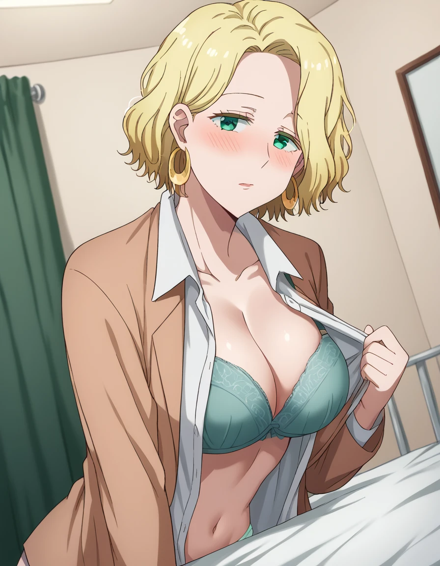 score_9, score_8_up, score_7_up, source_anime, <lora:ferris-olston-s1-ponyxl-lora-nochekaiser:1>, ferris olston, short hair, blonde hair, green eyes, mature female, large breasts,, shirt, cleavage, jewelry, collarbone, jacket, white shirt, earrings, collared shirt, brown jacket, hoop earrings,, <lora:undressing-ponyxl-lora-nochekaiser:1>, undressing, underwear, clothes pull, pulling own clothes, bra, panties, panty pull, shirt lift, open shirt, skirt pull, clothes lift, navel, indoors, bed, bed room, blush,, indoors, bed, bed room, on side, blush, drunk, looking at viewer, solo,, cowboy shot, dutch angle