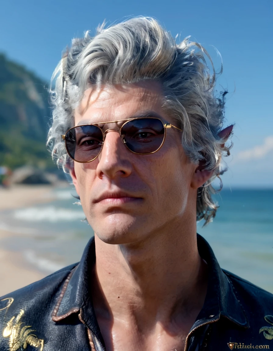 score_9, score_8_up, score_7_up, 1man, solo, portrait, silver hair, sunglasses, beach