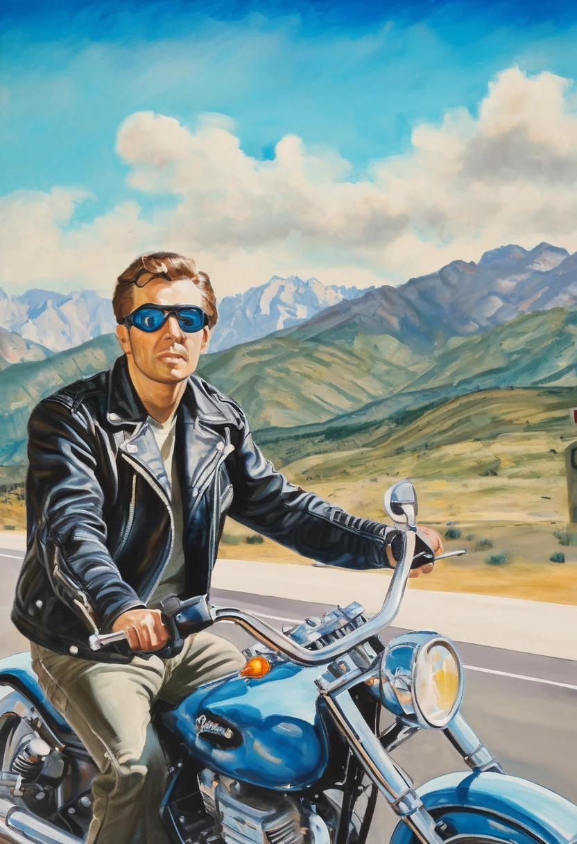 a painting, a portrait of a man, riding a motorcycle on the highway, wearing black leather jacket and goggles, clouds in blue sky, mountains in background, by George Gross