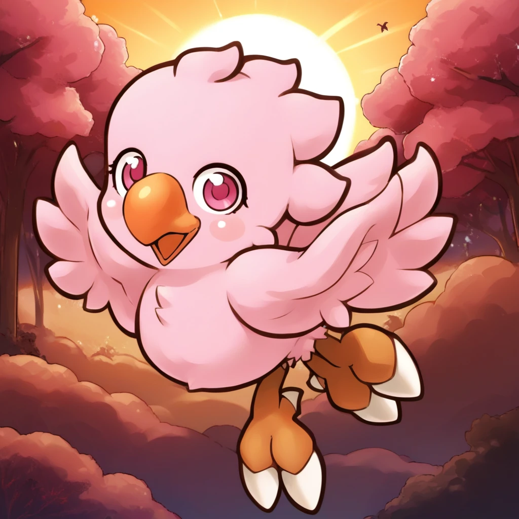 score_9, score_8_up, score_7_up, source_anime BREAK
forest, cotton candy trees, sky, sun, chocolate river
ch0c0b0, light pink feathers, orange beak, pink eyes, light pink wings, light pink tailfeathers, bird feet, white talons, light pink bird tail, chibi, bird, eyelashes, female
flying, floating, happy, wings spread
 <lora:Cute_Chocobo:1>
detailed background, beautiful scenery
<lora:add-detail-xl:1>