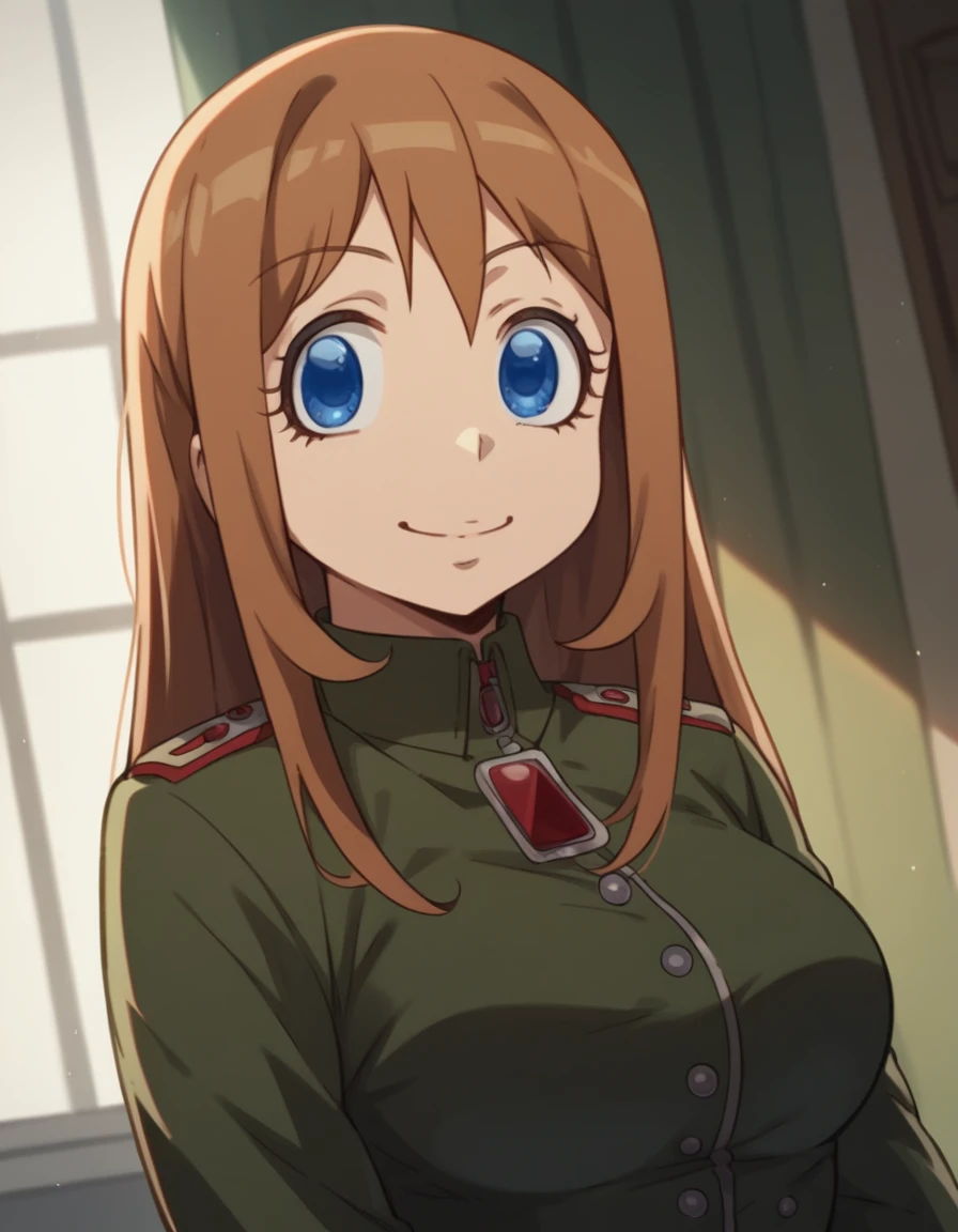score_9, score_8_up, score_7_up, source_anime, <lora:viktoria-ivanovna-serebryakov-anime-ponyxl-lora-nochekaiser:1>, viktoria ivanovna serebryakov, long hair, blue eyes, brown hair, large breasts,, uniform, military, military uniform,, indoors, smile, looking at viewer, solo,, cowboy shot, dutch angle