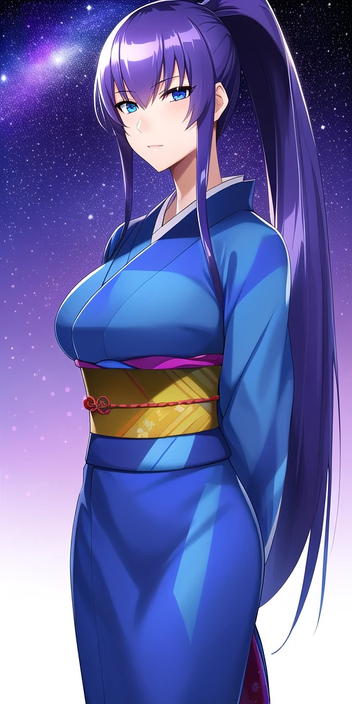 <lora:SaekoV1:0.7> busujima_saeko, large_breasts, standing, solo, arms_behind_back, starry_sky,  multicolored_kimono_blue_kimono_obi, ponytail, masterpiece, best_quality, detailed_face, detailed_eyes, highres, beautiful, detailed, absurdres,