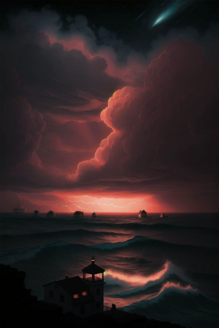 8k, Editorial image,
port village near the stormy sea, extremely detailed, the horror of stars, detailed sky, masterpiece, realistic, best quality, cosmic horror, Style-Volumetric, bright horror, stellar, pink glow