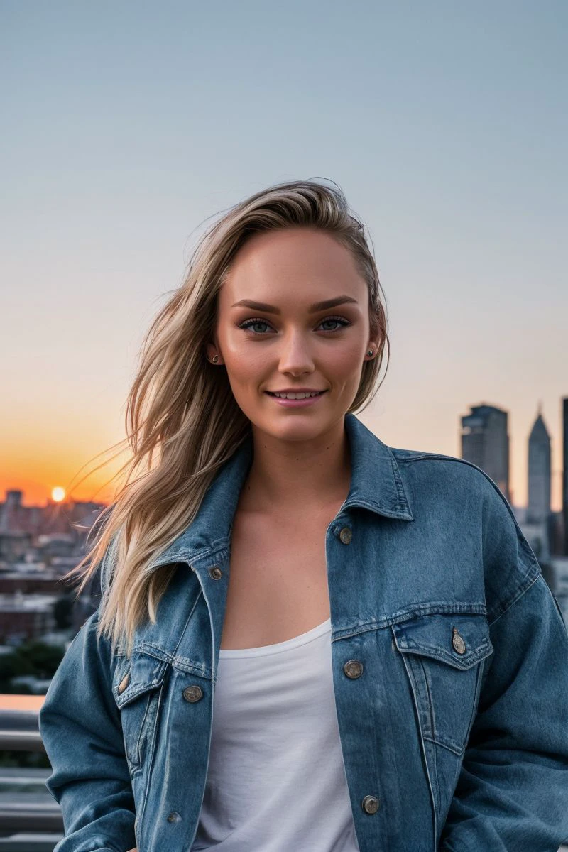photo of S480_WinterBell,a stylish woman,in a (city:1.1),wearing a (denim coat),(shirt),(sunset),(cityscape),(4k, RAW photo, best quality, 50mm, depth of field, ultra high res:1.1),(intricate, photorealistic, cinematic-shot, masterpiece, ultra-detailed:1.1),