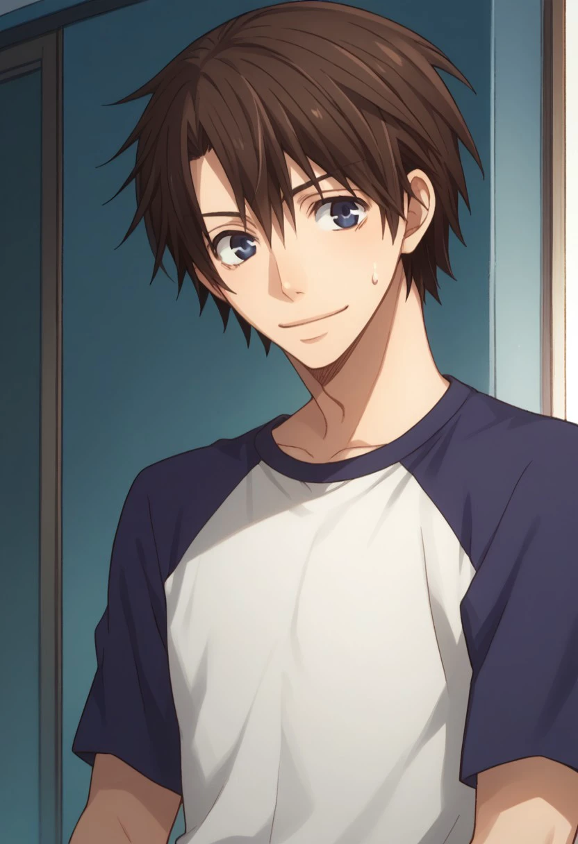 score_9, score_8_up, score_7_up, source_anime, highly detailed, 
chiaki, 1boy, male focus, solo, raglan sleeves, sweatdrop, brown hair, blue eyes,
upper body, smile