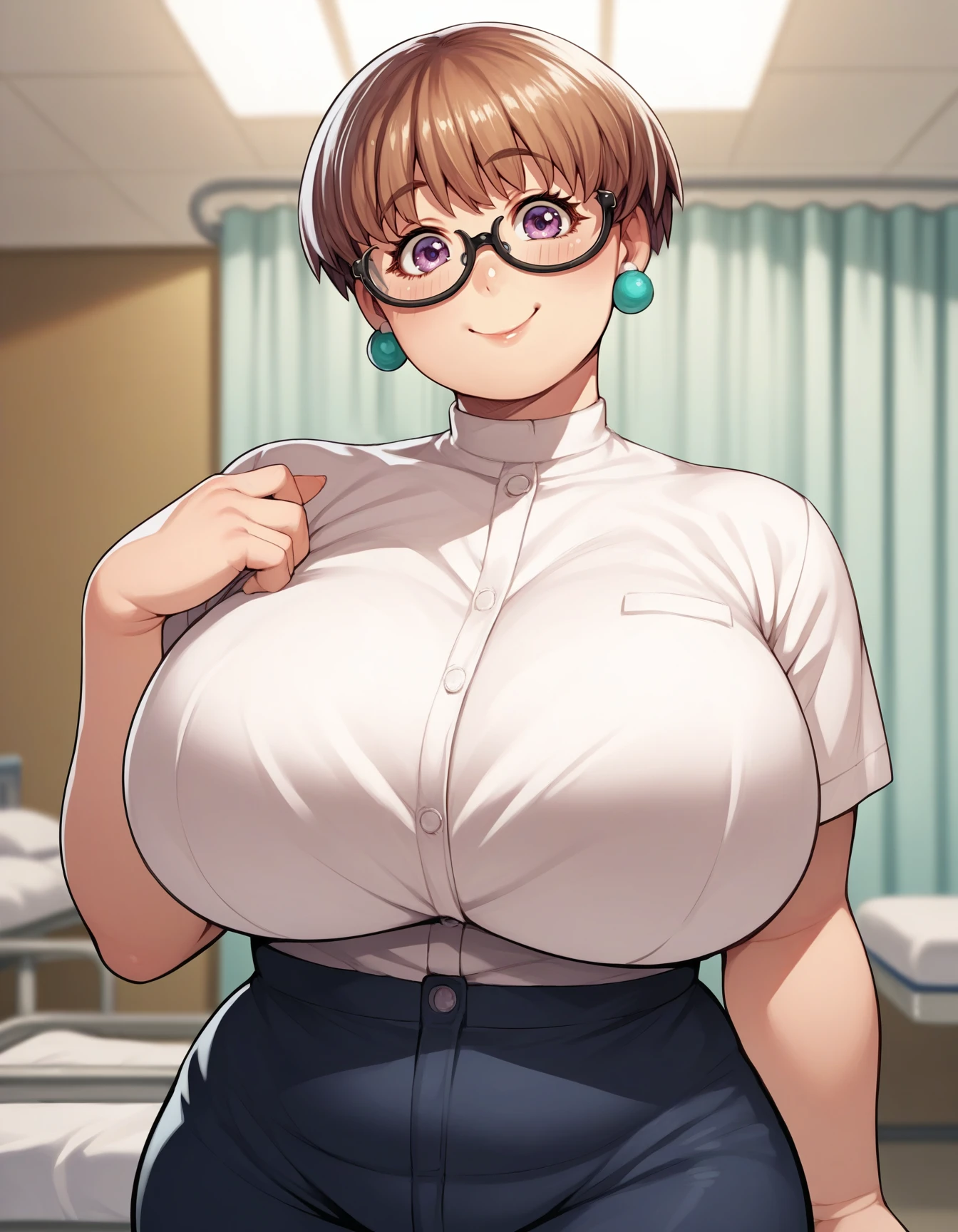 score_9, score_8_up, score_7_up, source_anime
1girl,huge breasts,white shirt,black pants,indoors,hospital,upper body, smile,plump,wide hips,solo,looking at viewer, 
 <lora:ino_akiho_(elf-san) koto PonyXL:1> inoakiho, 1girl, short hair,glasses,purple eyes,brown hair,earrings,