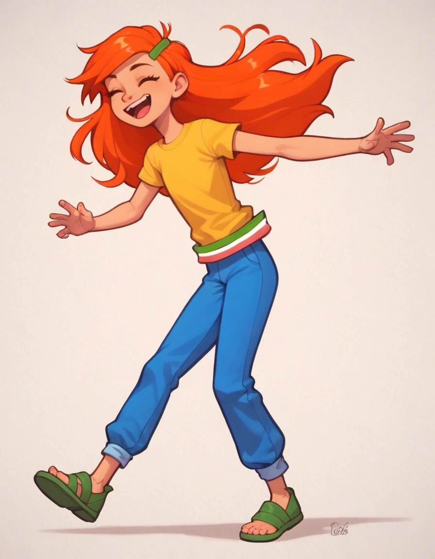 embedding:zPDXL2, rating_safe, source_cartoon, score_9, score_8_up, score_7_up

white background, simple background, 1girl, solo, flat chest, li, running, outstretched arms, incoming hug, closed eyes, smile, happy,

ril3y, orange hair, long hair, green hairclip, yellow shirt, blue pants, green sandals