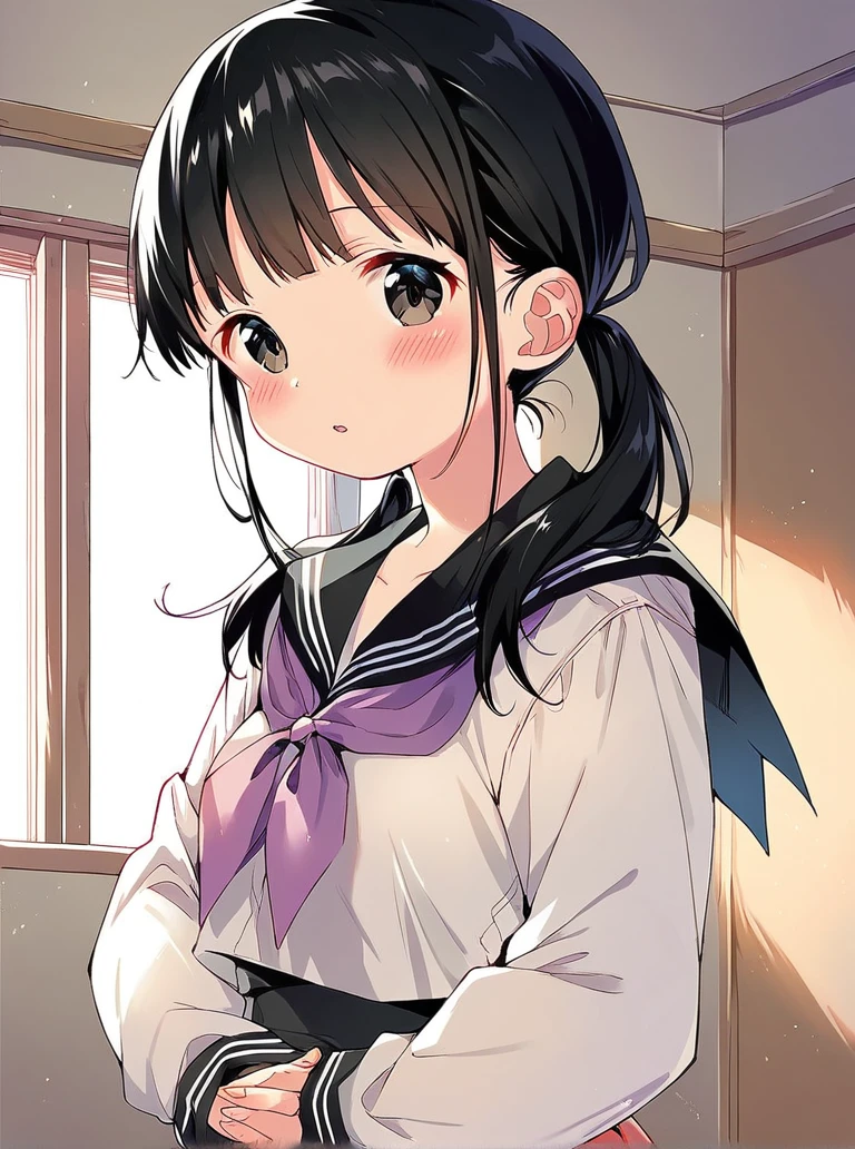 score_9, score_8_up, score_7_up, 
1girl, aragaki ami, black hair, low twintails, black hair, black eyes, small breasts, parted lips, blush, looking at viewer, standing, indoors, own hands together, serafuku, long sleeves, 