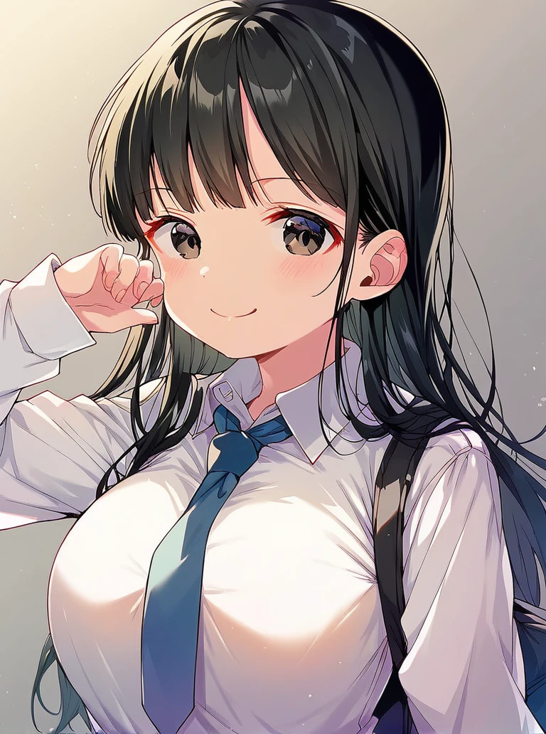 score_9, score_8_up, score_7_up, 
1girl, aragaki ami, black hair, black eyes, hair down, long hair, large breasts,

school uniform, necktie, white shirt, long sleeves, smile, looking at viewer,