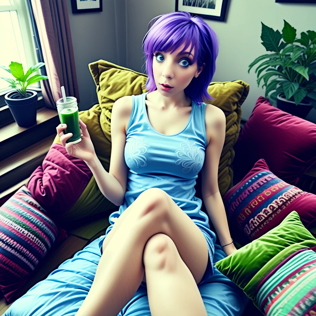 blue grey eyes, cannabis, stockings, bangs, thin, bong, weed, drugs, plants, blue ditsy dress, sunshine, cushions, daylight, purple hair