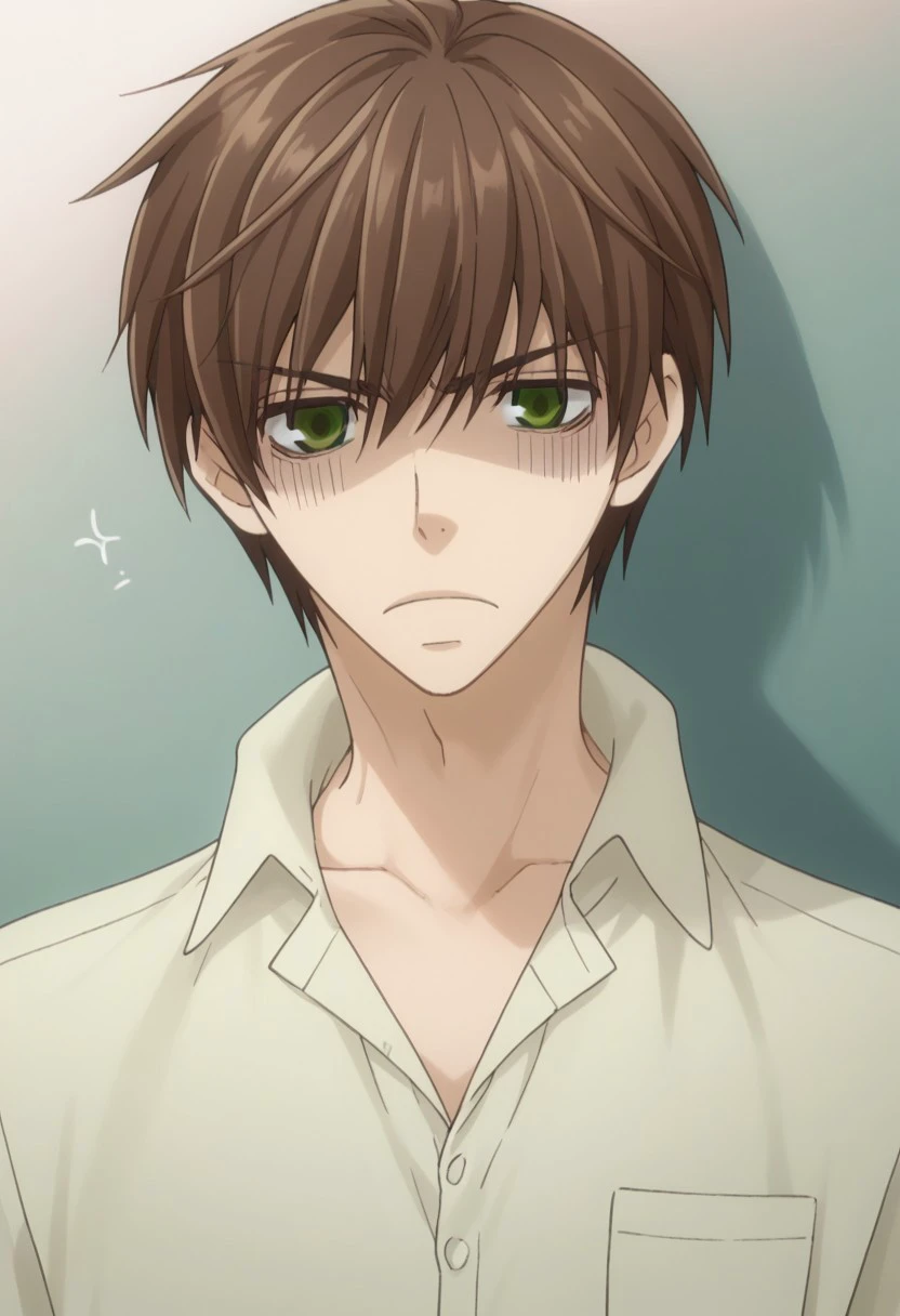 score_9, score_8_up, score_7_up, source_anime, highly detailed, 
ritsuonodera, 1boy, male focus, green eyes, solo, brown hair, shirt, collared shirt, shaded face, annoyed,