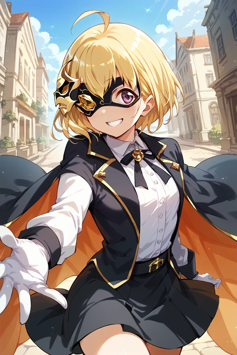 score_9, score_8_up, score_7_up, score_6_up, 1girl,
 <lora:Michiru_Otori:0.9> michiru, blonde hair, ahoge, solo, skirt, black skirt, short hair, gloves, mask, white gloves, white shirt, miniskirt, black cape, cape, smile