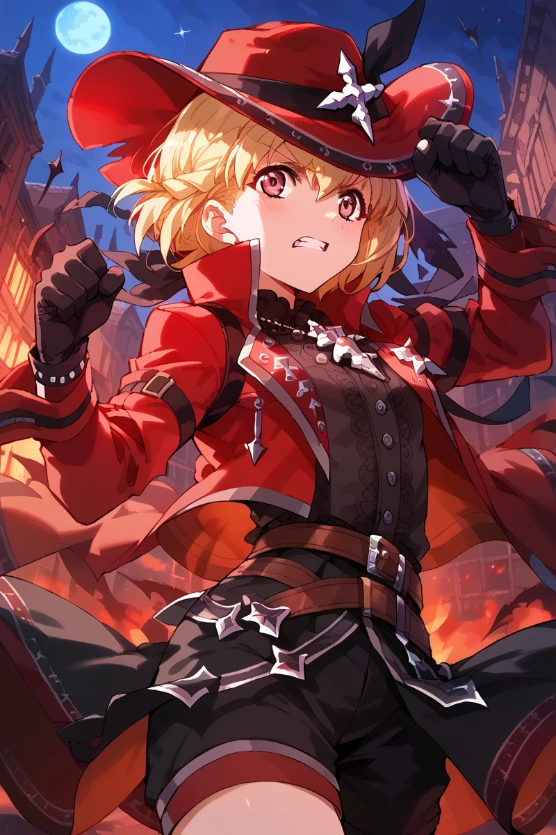 score_9, score_8_up, score_7_up, score_6_up, 1girl,
 <lora:Michiru_Otori:0.9> michiru, blonde hair, hat, black gloves, belt, clenched hands, black shorts, red jacket, hellsing, night,