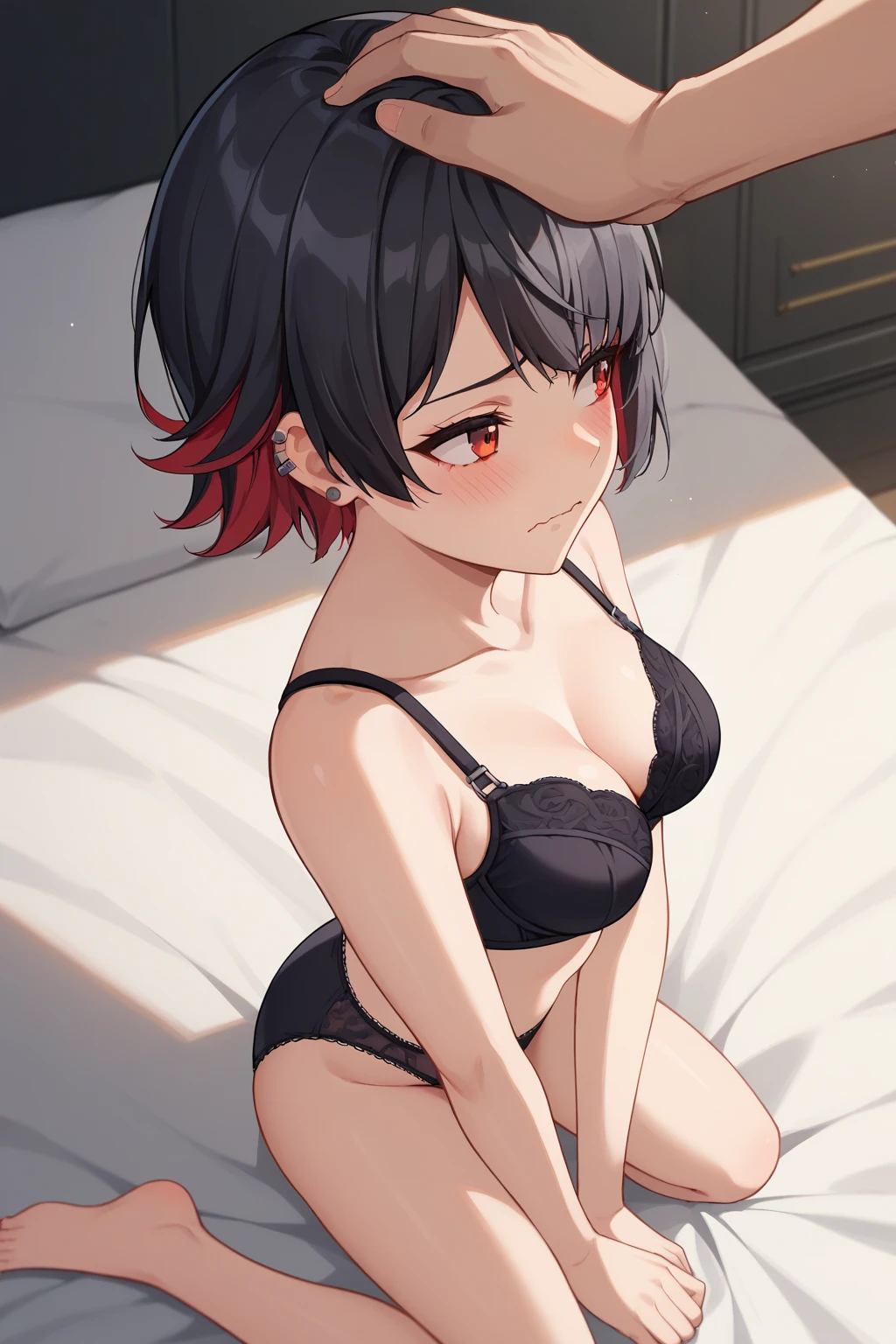 score_9, score_8_up, score_7_up, source_anime, 1girl, prefect lighting, very aesthetic, intricate details, highly detailed background, masterpiece, high quality, prefect hands, best quality, solo,
<lora:Ellen_Joe_ZZZ_V1:.85>, KJOellen, short hair, multicolored hair, black hair, red eyes, ear piercing, 
bra, panties,
On bed,
from above, blush, looking to the side, standing, embarrassed, shy, wavy mouth, on kneeling,
<lora:Headpat_XLPD:.5>, headpat, pov hands,
(Beautiful, medium Breasts:1.2), natural breasts,