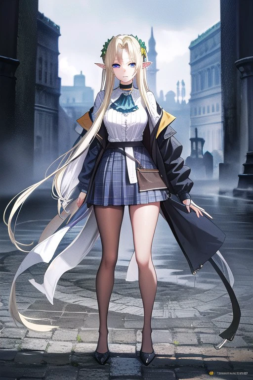 celestine lucullus, blonde hair, green eyes, laurel crown, elf, pointy ears, mature woman, huge breasts, narrow waists, wide hips, curvy,
BREAK anklet, ascot, black jacket, blue ascot, blue collar, blue footwear, blue skirt, brown pantyhose, buttons, collar, jacket, jewelry, long sleeves, miniskirt, multicolored clothes, multicolored jacket, open clothes, open jacket, pantyhose, plaid, plaid skirt, pleated skirt, pocket, puffy long sleeves, puffy sleeves, red ribbon, ribbon, ring, shirt, skirt, striped, striped shirt, thighlet, (two-tone jacket:1.5), vertical stripes, vertical-striped shirt, (white shirt:1.5),
BREAK looking at viewer, upper body, full body,
BREAK outdoors, city, sky,
BREAK <lyco:GoodHands-beta2:1>, (masterpiece:1.2), best quality, high resolution, unity 8k wallpaper, (illustration:0.8), (beautiful detailed eyes:1.6), extremely detailed face, perfect lighting, extremely detailed CG, (perfect hands, perfect anatomy),