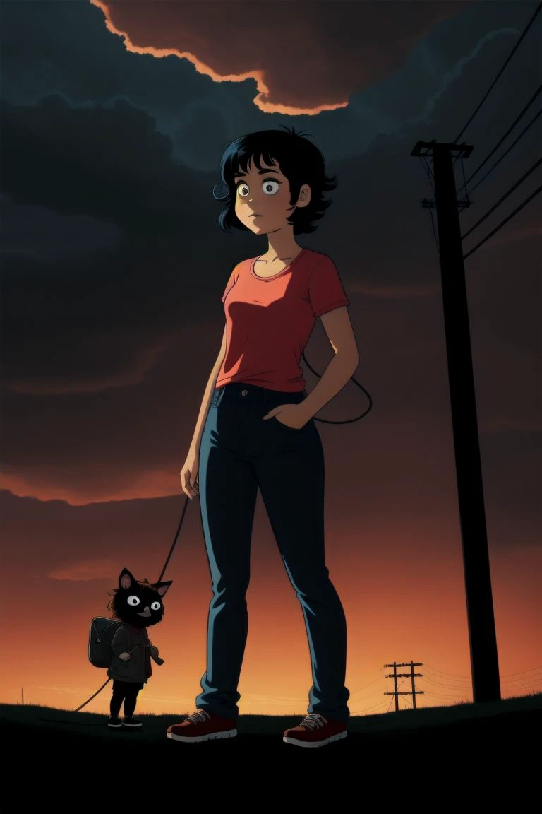 a very cute cartoon character standing with many hair, 1girl, solo, looking at viewer, short hair, shirt, black hair, upper body, outdoors, sky, cloud, torn clothes, glowing, cloudy sky, messy hair, glowing eyes, sunset, power lines, utility pole