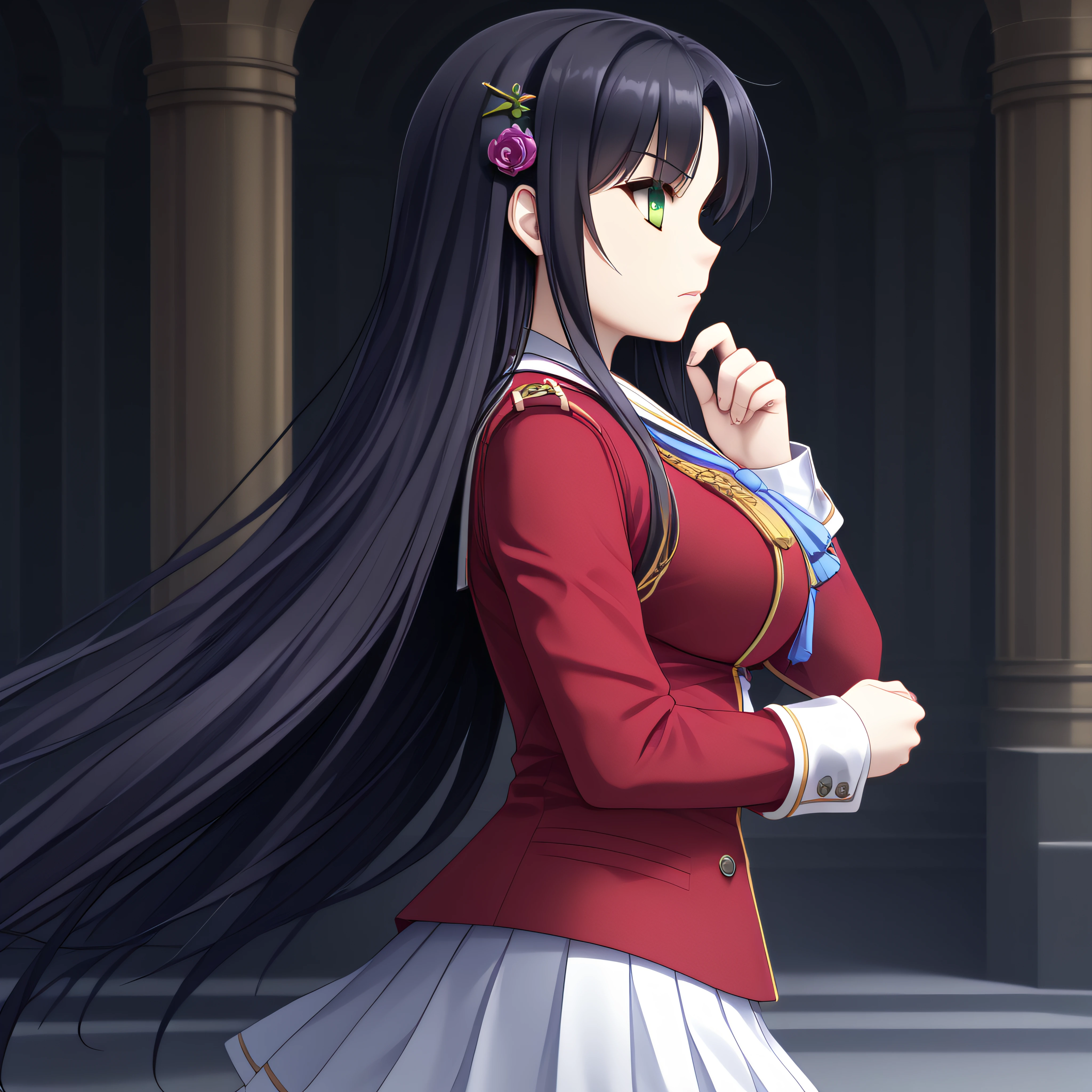 masterpiece, best quality, high quality, highly detailed, 4k, cinematic, highres, long hair, black hair, green eyes, Saku,  noble uniform, serious expression, thinking, hand on chin, 1girl, solo, big breasts, side profile view, black stockings, white skirt, looking slightly upwards, purple flower ornament