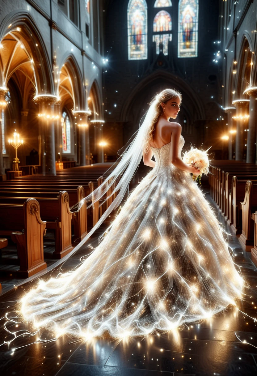 3N3RGY, bride wearing a wedding dress made of electricity and sparkle, set in a church, ,Masterpiece,best quality, raw photo, realistic, very aesthetic