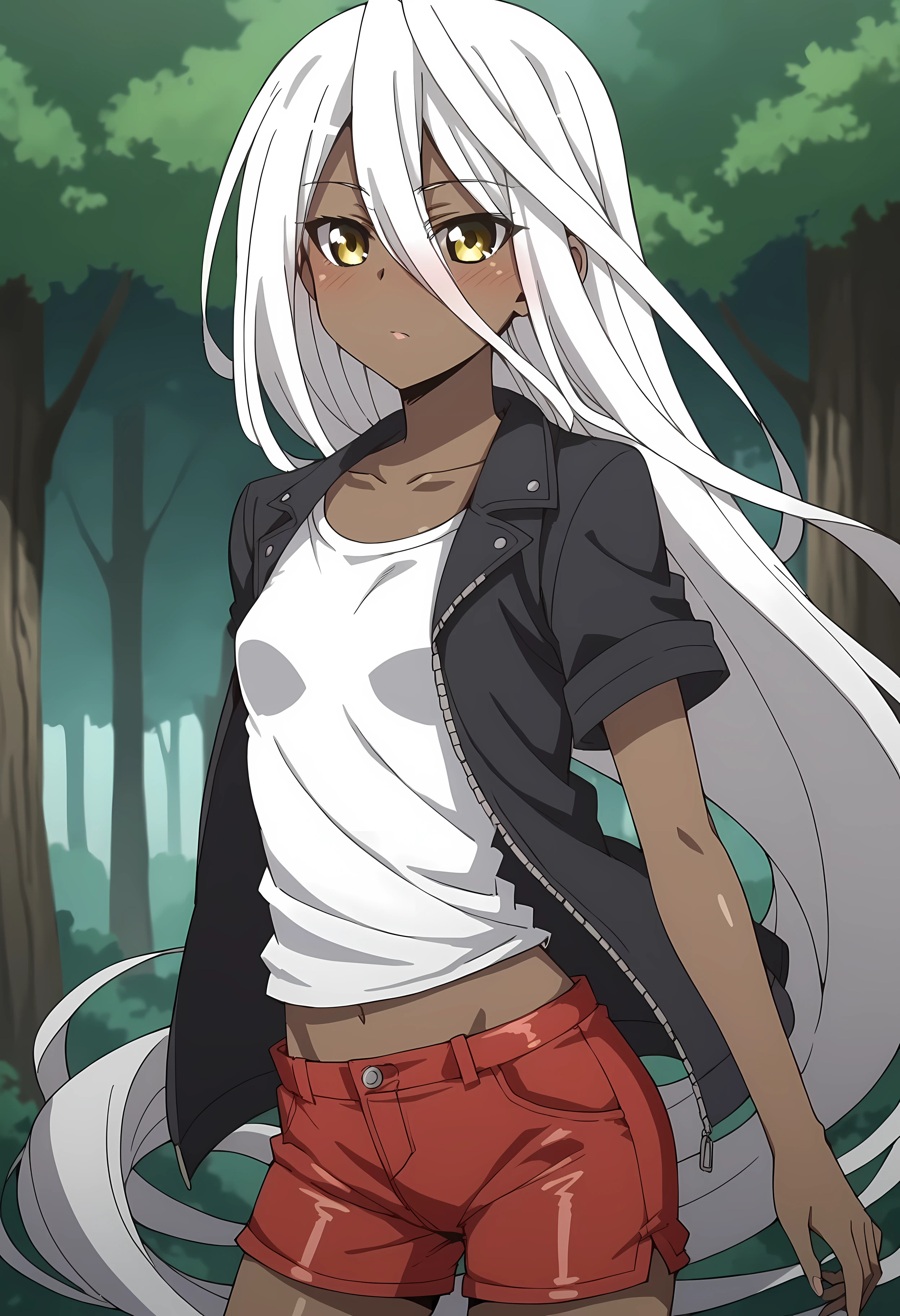 score_9, score_8_up, score_7_up, source_anime, 2d, Doppel, 1girl, white hair, very long hair, brown skin, black-yellow eyes, small breasts, anime coloring, anime screencap, detailed eyes, zPDXL, perfect faces, uncensored, rating_explicit, <lora:doppel_0-000040:0.8>, short sleeves, collarbone, (latex red shorts, shirt, jacket), forest