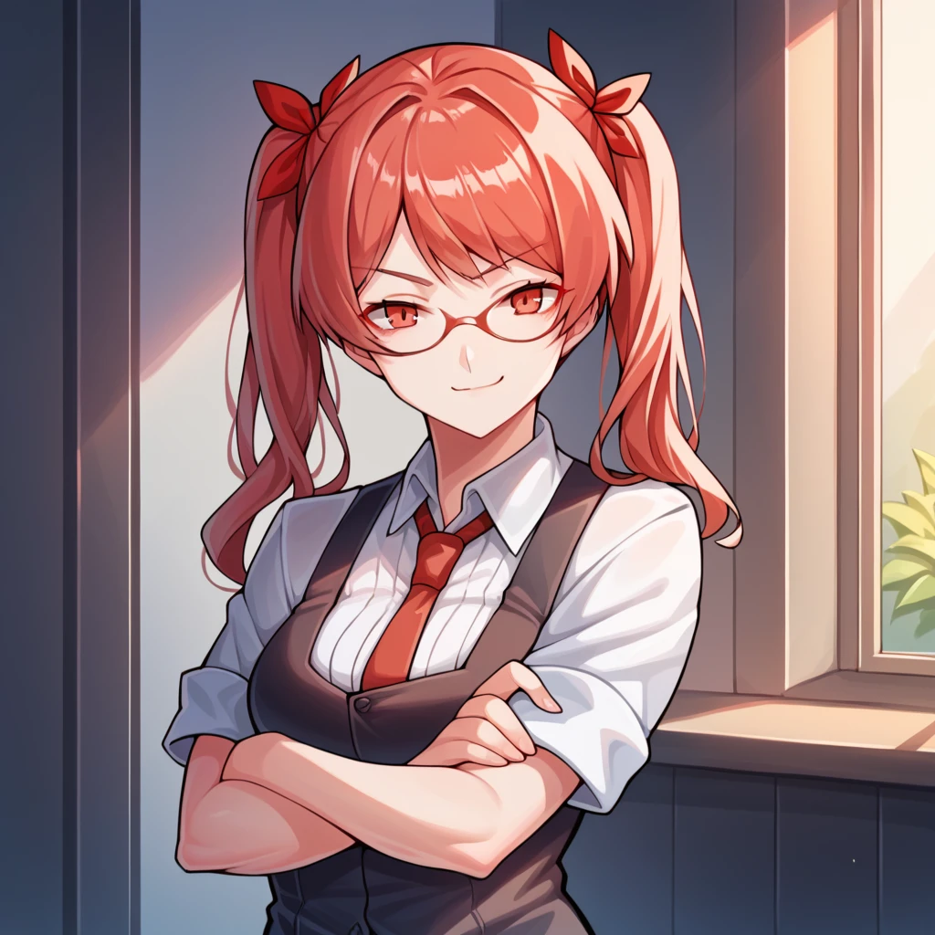 score_9_up, score_8_up, score_7_up, source_anime, masterpiece, best quality, 1girl, solo, Tesla, Tes_Def, shadow, standing, upper body, face focus, crossed arms, adjusting eyewear, looking at you, smug smirk, confident, twintails, red glasses, red-framed eyewear, red hair, collared shirt, white shirt, short sleeves, black vest, suspenders, red necktie, hair ribbon, red ribbon, mature body, dynamic cowboy shot, indoors, facility laboratory background