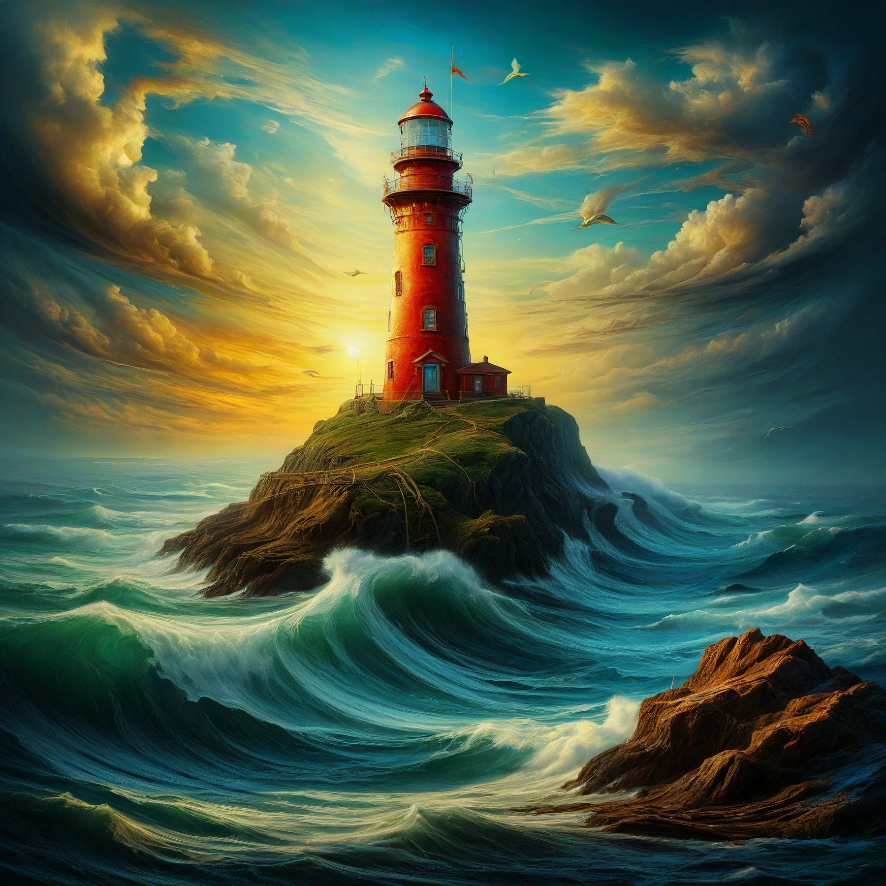 insane detail, amazing lighting, 8K, HDR, vibrant and colorful, masterpiece. RAW Photograph.

A painting of a lighthouse surrounded by a raging ocean. 

<lora:ImagineMore01_CE_SDXL:1.1> 