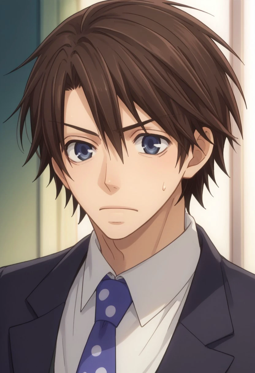 score_9, score_8_up, score_7_up, source_anime, highly detailed, 
chiaki, 1boy, male focus, formal, suit, necktie, solo, brown hair, sweatdrop, 
blue eyes,