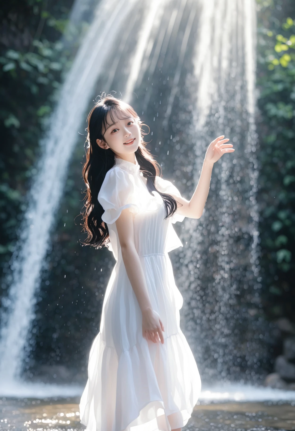 a asian girl in a flowing white dress, standing under a cascading waterfall, backlit by the sunlight, water droplets sparkling in the air, natural beauty.korean girl,black hair,