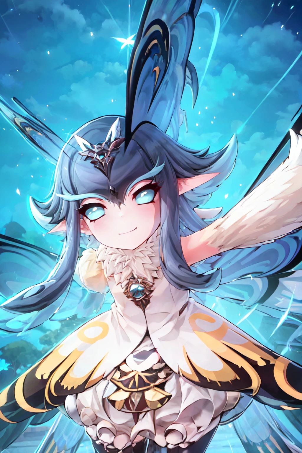 ((masterpiece,best quality)), absurdres,  BREAK, , <lora:Phantomfly_Azur:0.8>,     zzPhantomfly, looking at viewer, smile, fur collar, dress, wings, night, outstretched arms, fur collar, butterfly wings, , BREAK, leaning forward, head tilt, blush,, BREAK, solo, smile, looking at viewer, cowboy shot,