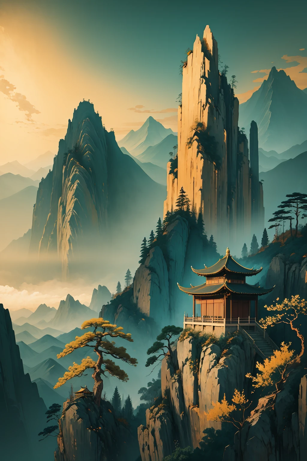 liujin,national style architecture,staggered peaks in front and behind,pavilions perched on the hillside,pine trees,panoramic views,scenery,no humans,tree,mountain,outdoors,gold stroke,clear sky,glow,<lora:ééå½é£:0.8>,