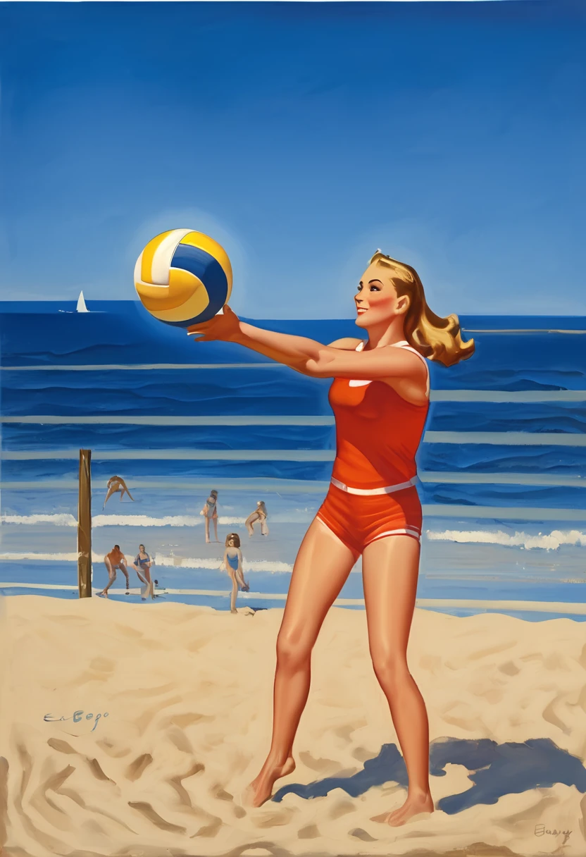 a painting, a teen girl playing volleyball on a beach, bright sunlight, ocean in background, clear blue sky, by Earle Bergey