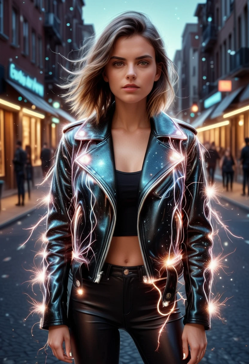 3N3RGY, woman wearing a leather jacke made of electricity and sparkle, set in a street, city, ,Masterpiece,best quality, raw photo, realistic, very aesthetic