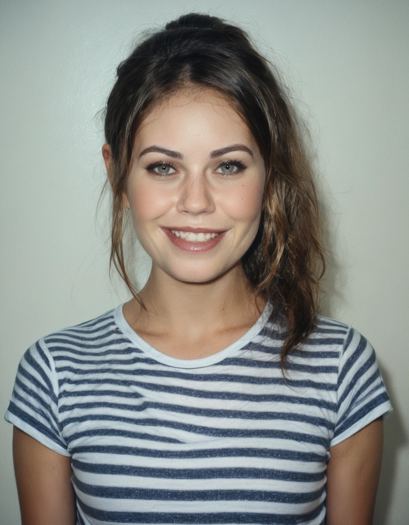 score_9, score_8_up, score_7_up, ohwx, 1girl, slim, photo, realistic, ponytail, light smile, striped shirt, <lora:CrunchyBanana_PONY_DORA_Alexis_Dziena:1>, rating_safe, solo focus
