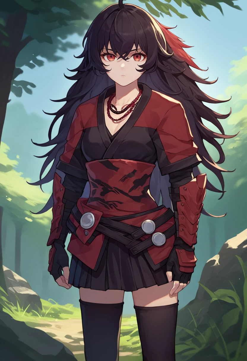 score_9, score_8_up, score_7_up, source_anime, solo, 1girl, ravenbranwen, expressionless, looking at viewer, standing, ahoge, japanese armor, arm guards, fingerless gloves, black skirt, black thighhighs, necklace, outdoors, forest <lora:rwby_ravenbranwen_ponyXL:1>