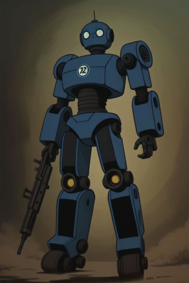 Image depicts a detailed and weathered robot with a cylindrical body and a rugged, industrial design. The robot features a large, round head with a single central big eye and various mechanical components. Its body is adorned with multiple logos and text, including a prominent blue snowflake symbol and the words 'DEEP POWDER CORP 3RD' in bold, blue letters. The large number '4' is visible on its shoulders, and there are additional smaller markings and symbols throughout its body. The robot is holding a large, futuristic rifle with a complex design, featuring a mix of metallic and dark colors. The overall appearance suggests a utilitarian, possibly military or industrial purpose.