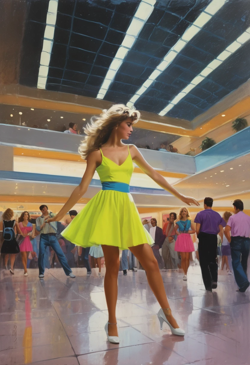 a painting, a teenage girl, beautiful, wearing a neon dress, dancing in a mall, in the 80s, 1980s fashion, by Robert Maguire