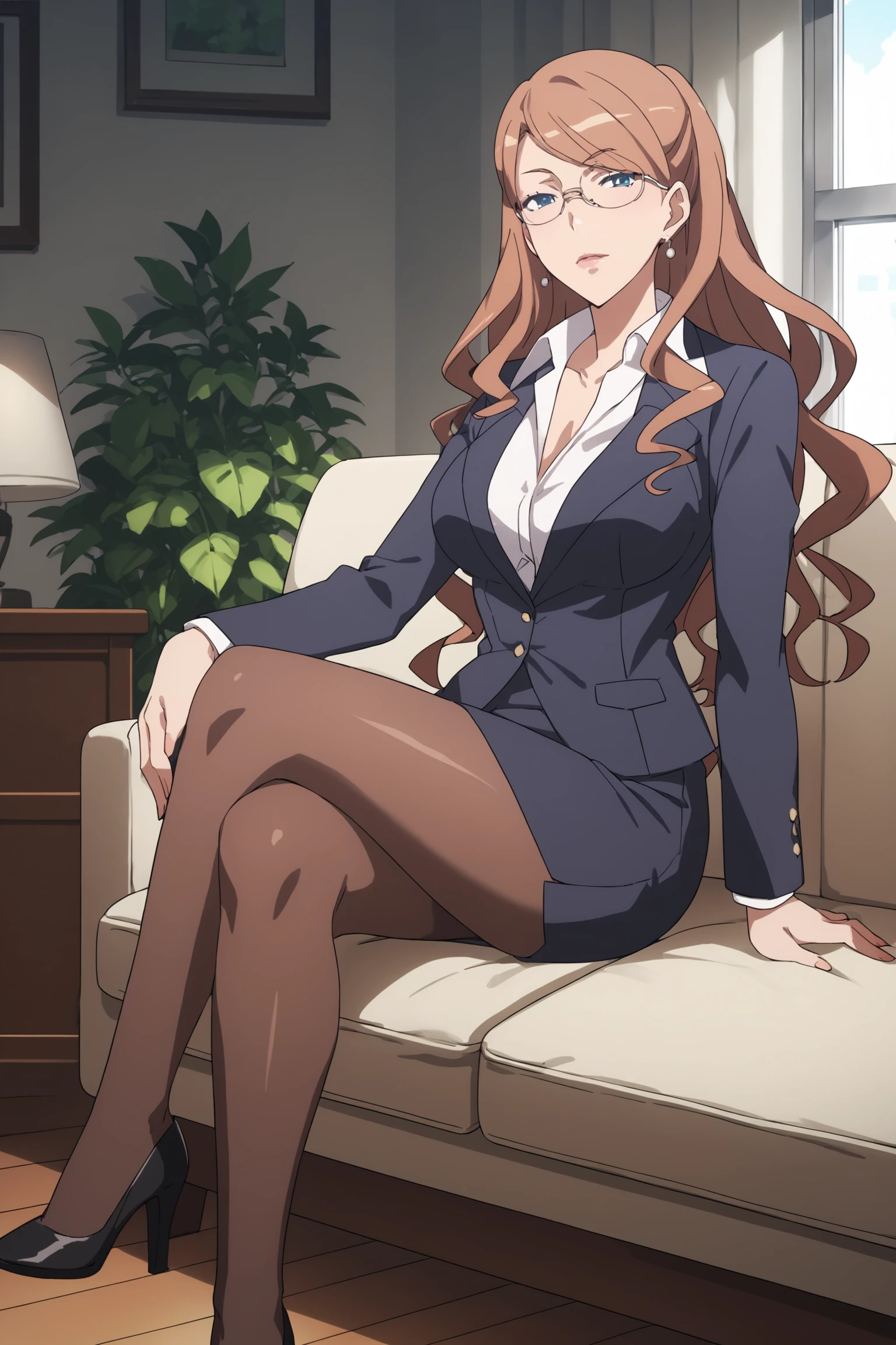 therestina kihara lifeline, brown hair, long hair, wavy hair, blue hair, glasses, thterestinasuit, suit, formal, white shirt, collared shirt, black jacket, black skirt, pencil skirt, brown pantyhose, high heels, <lora:Therestina_Kihara_Lifeline:0.8>, score_9, score_8_up, score_7_up, score_6_up, score_5_up, source_anime, rating_safe, medium breasts, indoors, office, 1girl, solo, looking at viewer,  <lora:age_slider_v4:3>, (full body:1.2), sitting on sofa, crossed legs