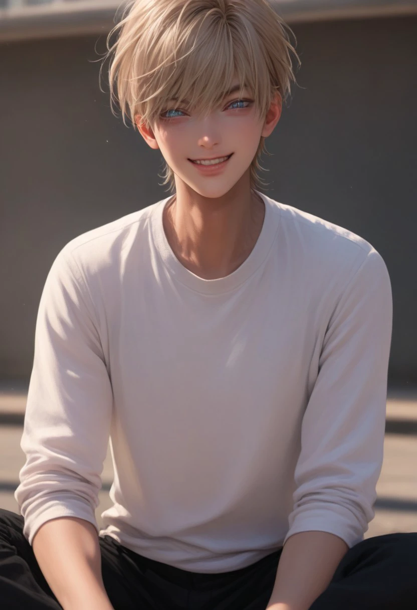 ((fully clothed, open eyes, smile, sitting, full color, upper body)) score_9, score_8_up, score_7_up, anime, 19 year old , 
((1boy, solo, skinny, very skinny, twink)), male focus, slim toned male, male focus, Kabuto_(MonsterAndGhost), blond hair, blonde, bangs, short hair, pale skin, blue eyes, full color, cute, twink, male focus, open eyes, cute boy, looking at viewer, smile, glowing, ((outdoor)), sunny light, sun light, bright, feminine, very cute boy,
Macro detailed realism style photograph, bright lighting, 1man, confident, score_9,score_8_up,score_7_up, source_anime, male focus, tall, detailed eyebrow,