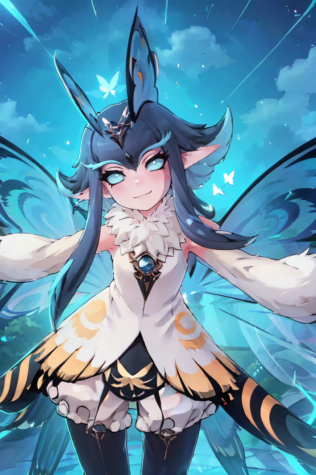 ((masterpiece,best quality)), absurdres,  BREAK, , <lora:Phantomfly_Azur:0.8>,     zzPhantomfly, looking at viewer, smile, fur collar, dress, wings, night, outstretched arms, fur collar, butterfly wings, , BREAK, leaning forward, head tilt, blush,, BREAK, solo, smile, looking at viewer, cowboy shot,