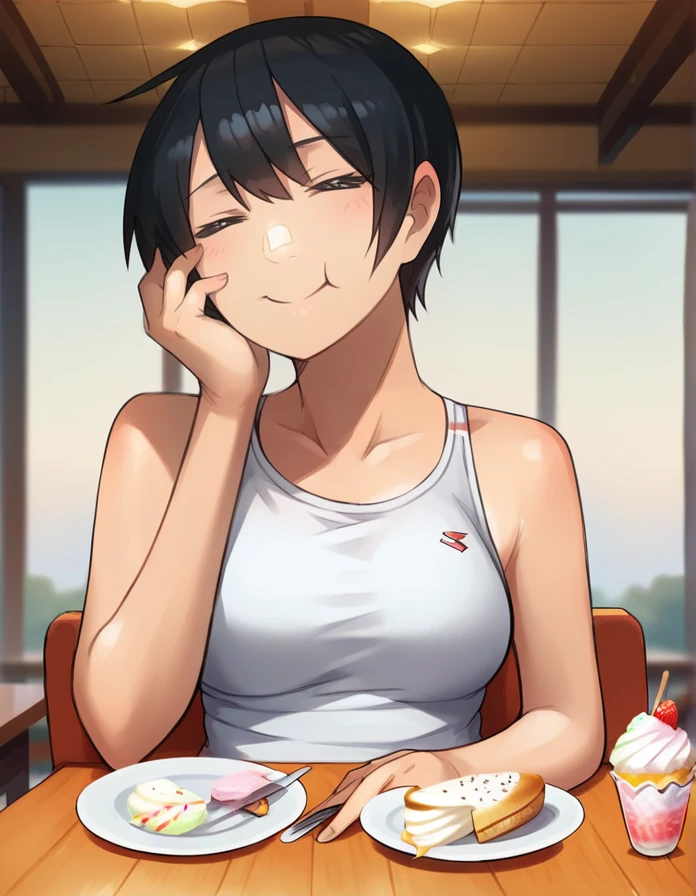 score_9, score_8_up, score_7_up,   detailed background,  realistic lighting, white background,
detailed eyes, mature female,fit and slim,(1 girl), closed mouth, sitting, food on table, food in hand, table, icecream, 
<lora:Tasty-000006:1>,tasty food,  happy, hand on face,   
 <lora:Lvi-PonyXL-1024px:1>, short black hair, tanlies, tanktop,